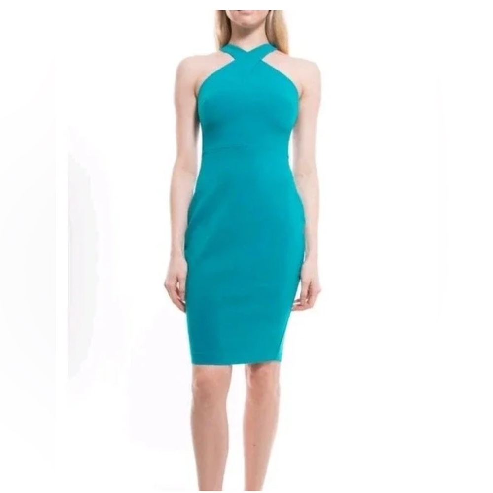 Likely Carolyn Blue Green Halter Bodycon Sleeveless Midi Cocktail Dress